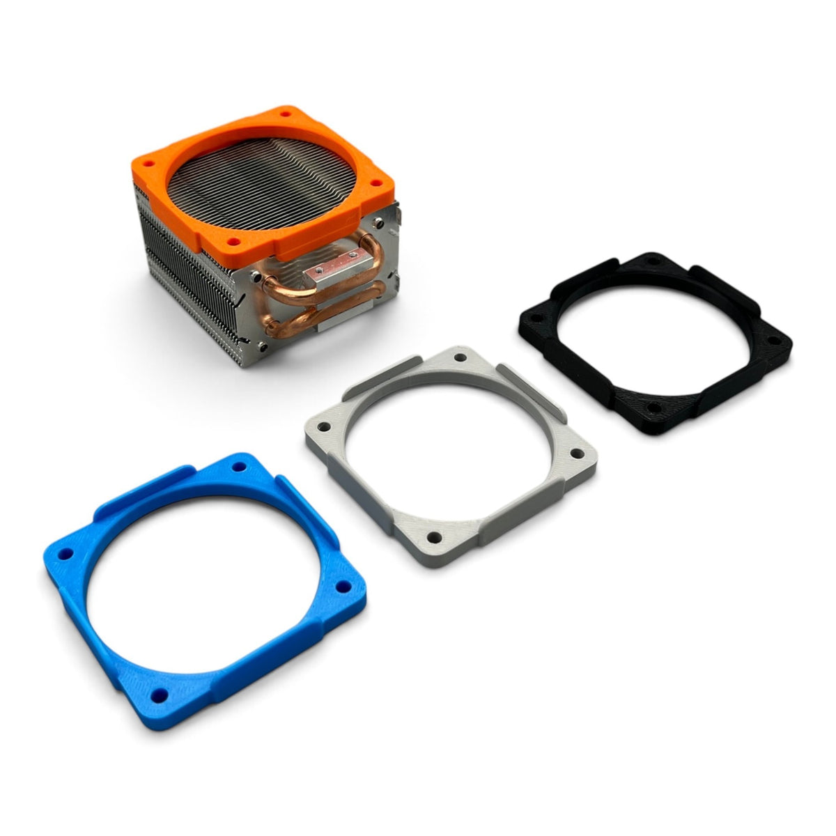 3DTools Argon THRML Fan-Adapter aus PETG in Blau, Grau und Schwarz für Noctua 60-mm-Lüfter auf einem Radiator