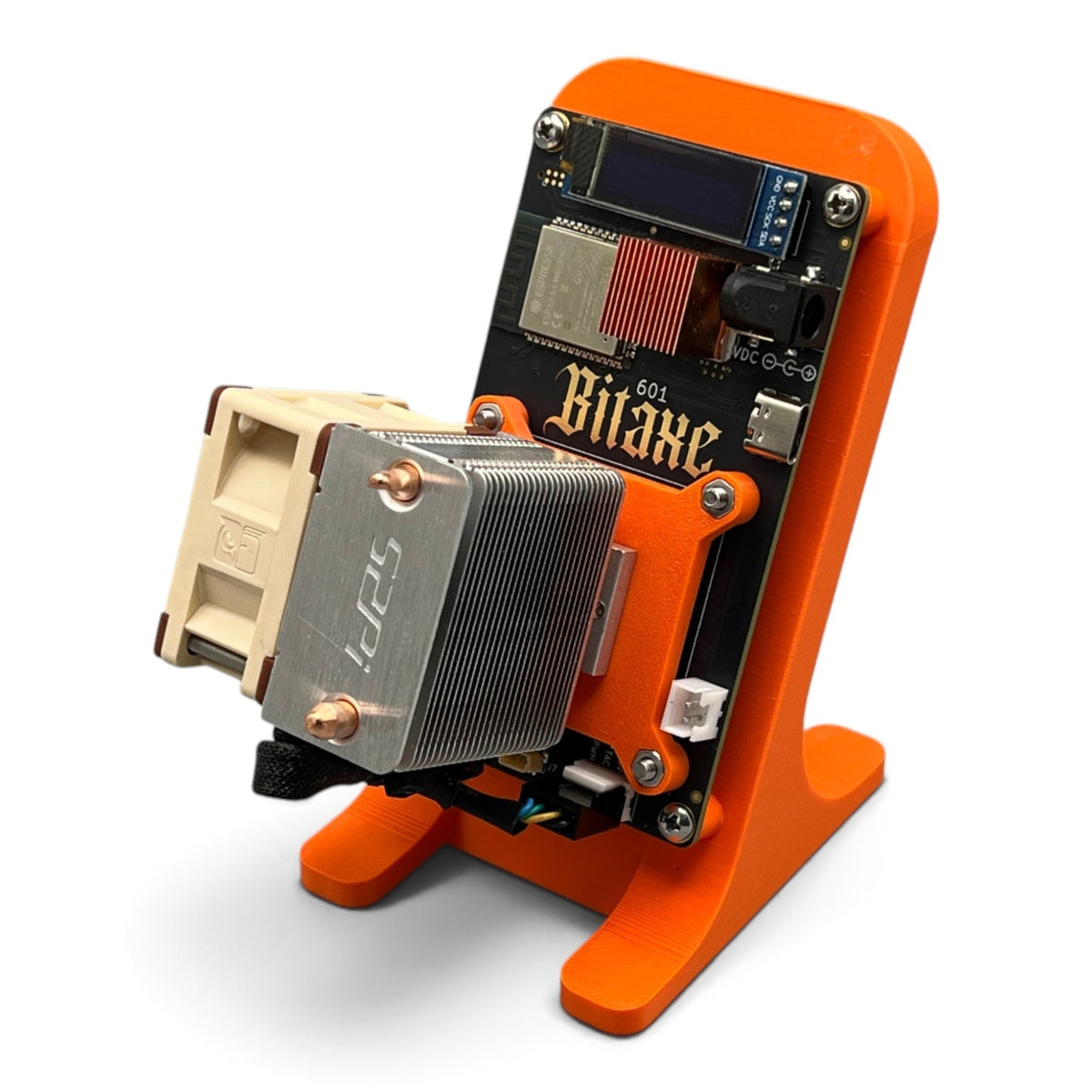 3DTools Sockeladapter in Orange für die Montage eines GeeekPi Ice Tower Kühlers auf einem Bitaxe Miner