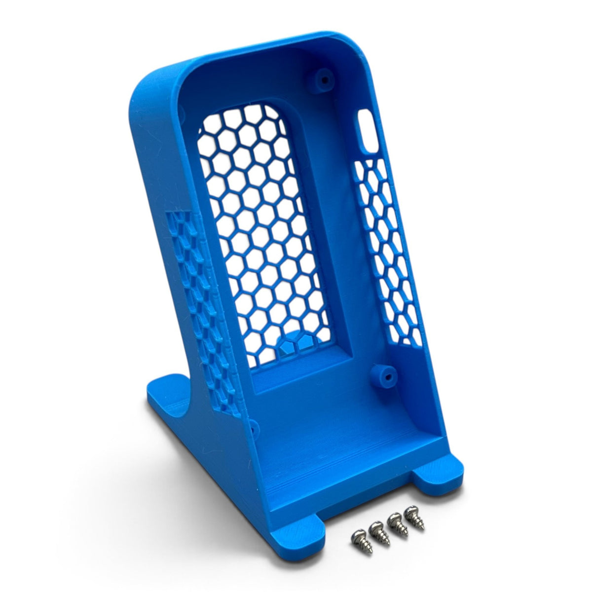 3DTools blaues Standing Case aus PETG für Bitaxe Miner mit Wabenstruktur und Montageschrauben