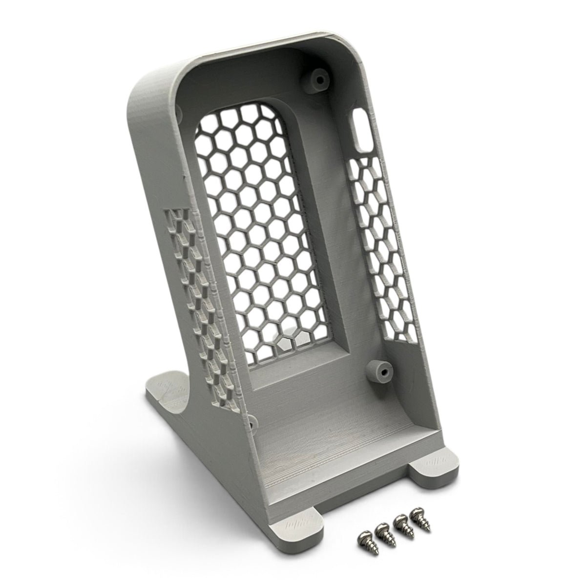 3DTools Bitaxe Standing Case aus grauem PETG für Ultra, Supra und Gamma Miner mit Wabenstruktur und Montageschrauben