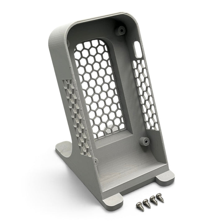 3DTools Bitaxe Standing Case aus grauem PETG für Ultra, Supra und Gamma Miner mit Wabenstruktur und Montageschrauben