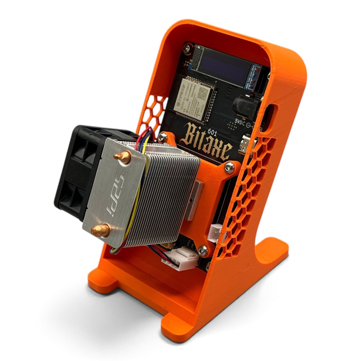 3DTools stehendes Gehäuse in Orange für Bitaxe Miner Ultra, Supra und Gamma mit offener Wabenstruktur