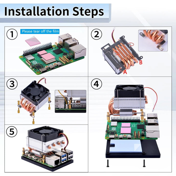 3DTools Installationsanleitung für den GeeekPi Low Profile Plus CPU-Kühler auf einem Raspberry Pi 5 mit Heatpipes