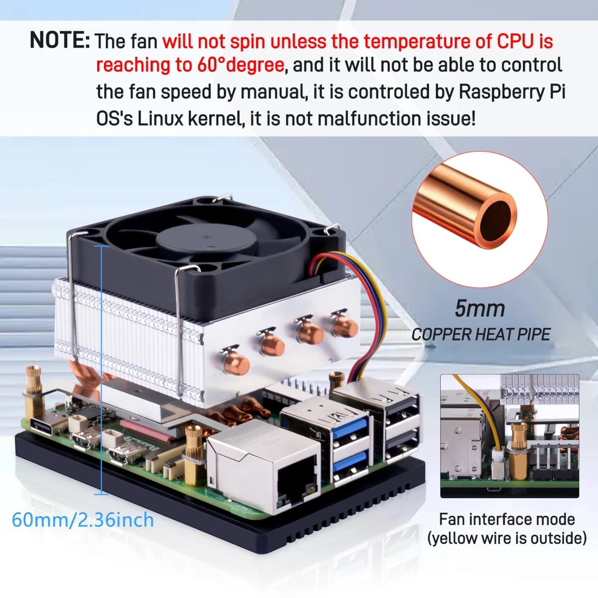 3DTools GeeekPi Low Profile Plus CPU-Kühler mit Kupfer-Heatpipes montiert auf einem Raspberry Pi 5