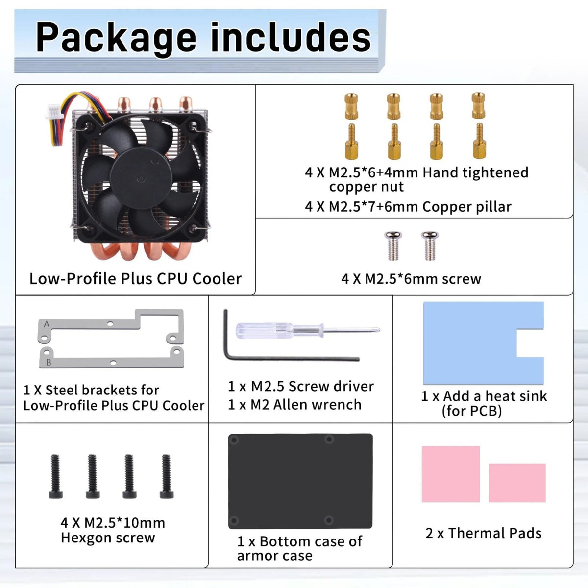 3DTools GeeekPi Low Profile Plus CPU-Kühler Set mit Lüfter, Montagezubehör, Wärmeleitpads und Schraubendreher