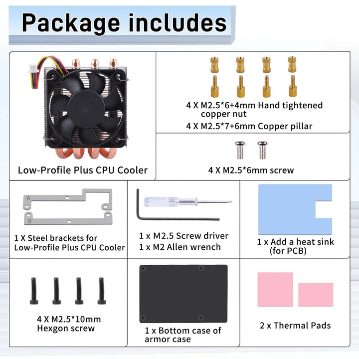 3DTools GeeekPi Low Profile Plus CPU-Kühler Set mit Lüfter, Montagezubehör, Wärmeleitpads und Schraubendreher