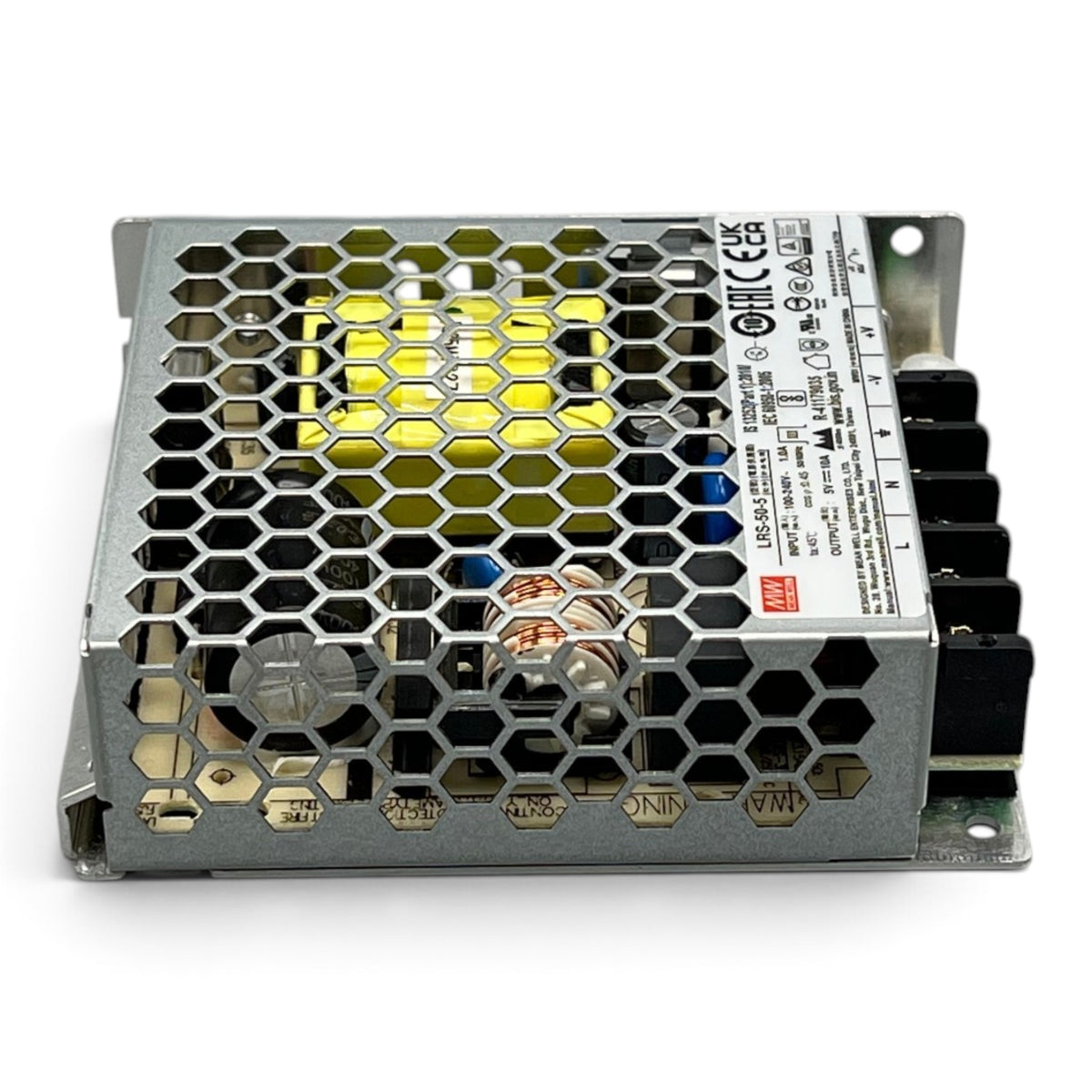 3DTools Mean Well LRS-50-5 Schaltnetzteil mit 5V 10A 50W Leistung in einem kompakten Metallgehäuse mit Wabengitter
