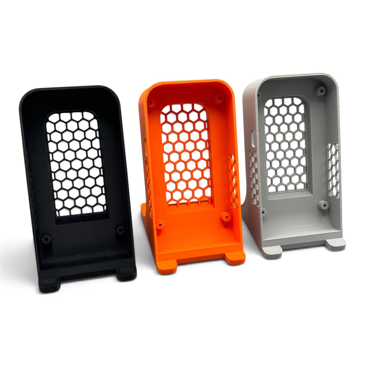 3DTools Standing Case für Nerdminer und Nerdaxe in Schwarz, Orange und Grau mit Wabenmuster aus PETG