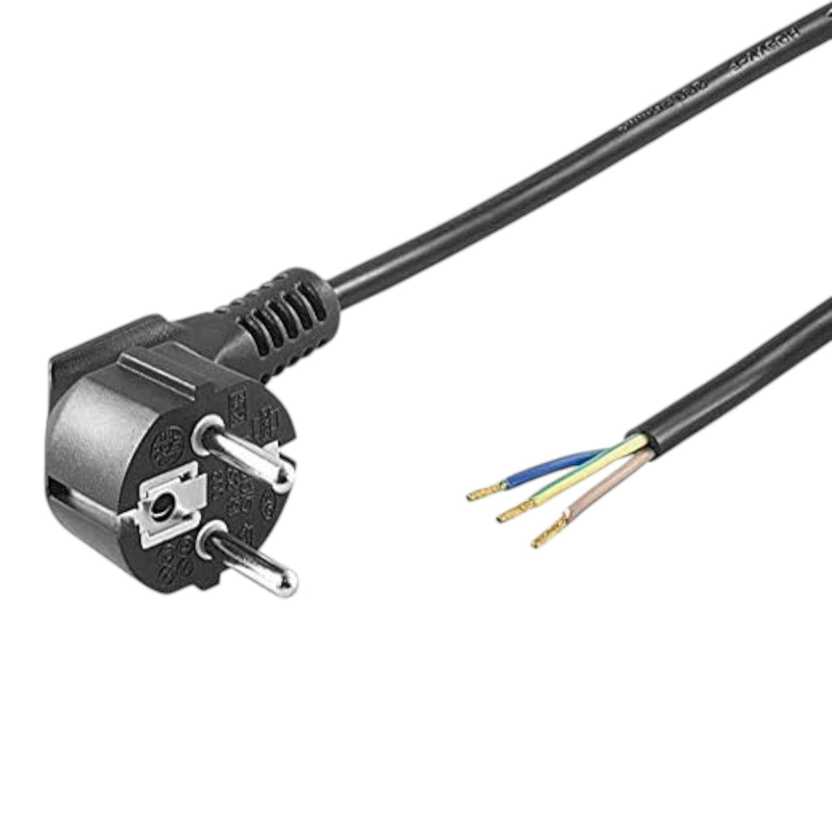 3DTools Netzkabel 1,5 m in Schwarz mit abgewinkeltem Schuko-Stecker und offenem Kabelende mit Aderendhülsen