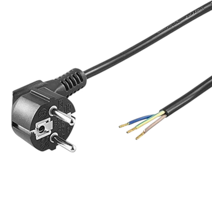 3DTools Netzkabel 1,5 m in Schwarz mit abgewinkeltem Schuko-Stecker und offenem Kabelende mit Aderendhülsen