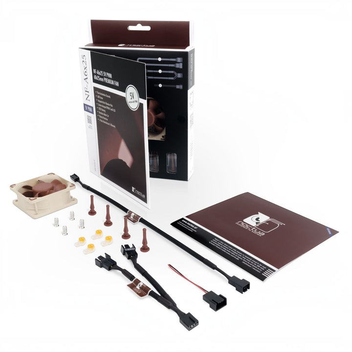 3DTools Noctua NF-A6x25 5V PWM Premium-Lüfter 60mm mit Zubehör, Kabeln und Verpackung auf weißem Hintergrund