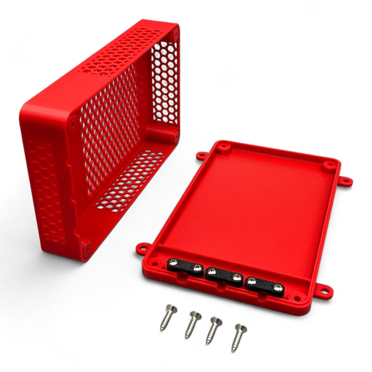 3DTools Schutzgehäuse aus rotem PETG für Mean Well Netzteile mit Wabenstruktur und Kabel-Zugentlastung