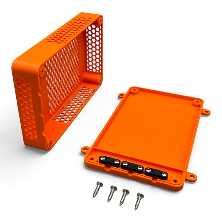 3DTools Schutzgehäuse aus orangefarbenem PETG für Mean Well Netzteile mit Wabenstruktur und Montageschrauben