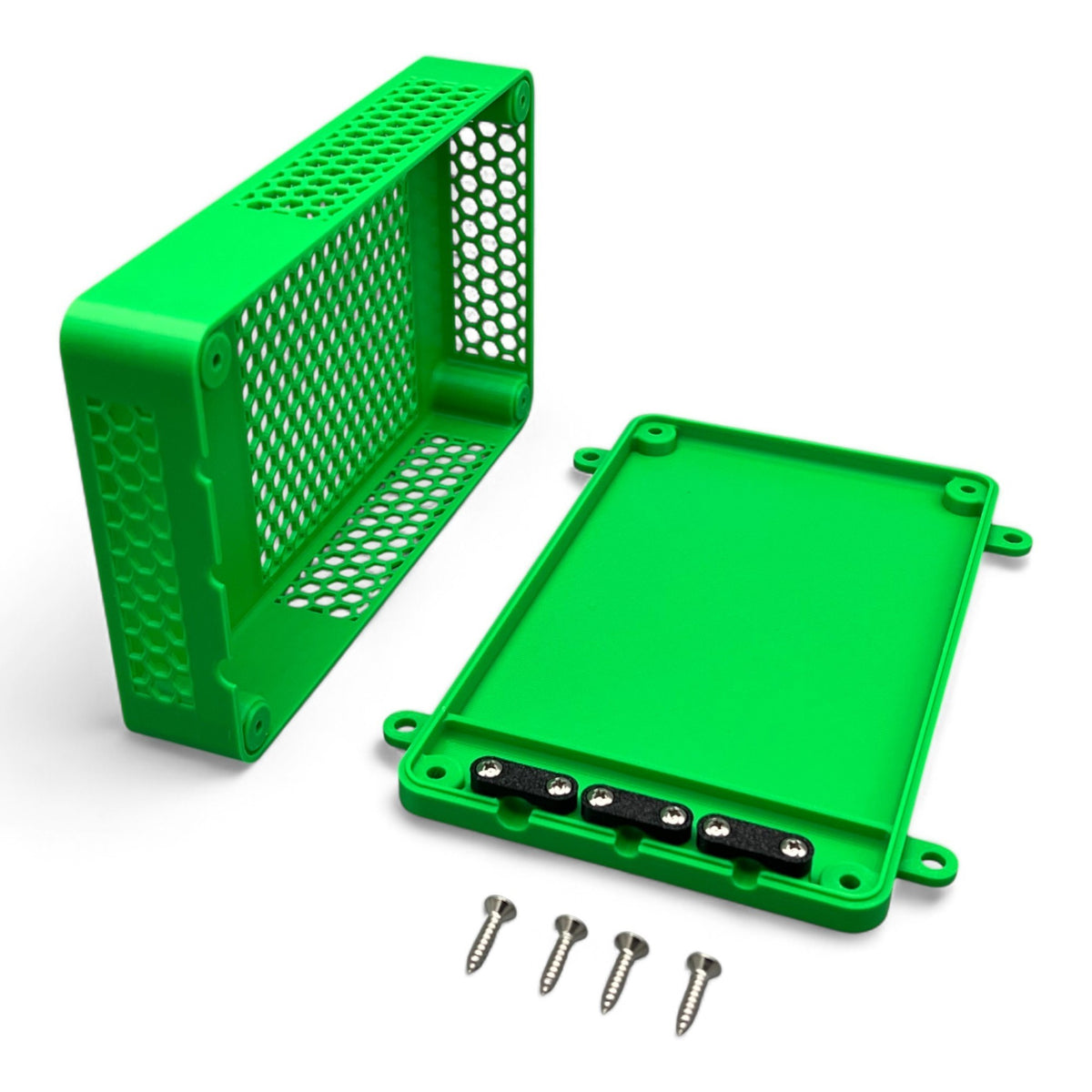 3DTools Schutzgehäuse aus grünem PETG für Mean Well Netzteile mit Wabenstruktur und Montageschrauben