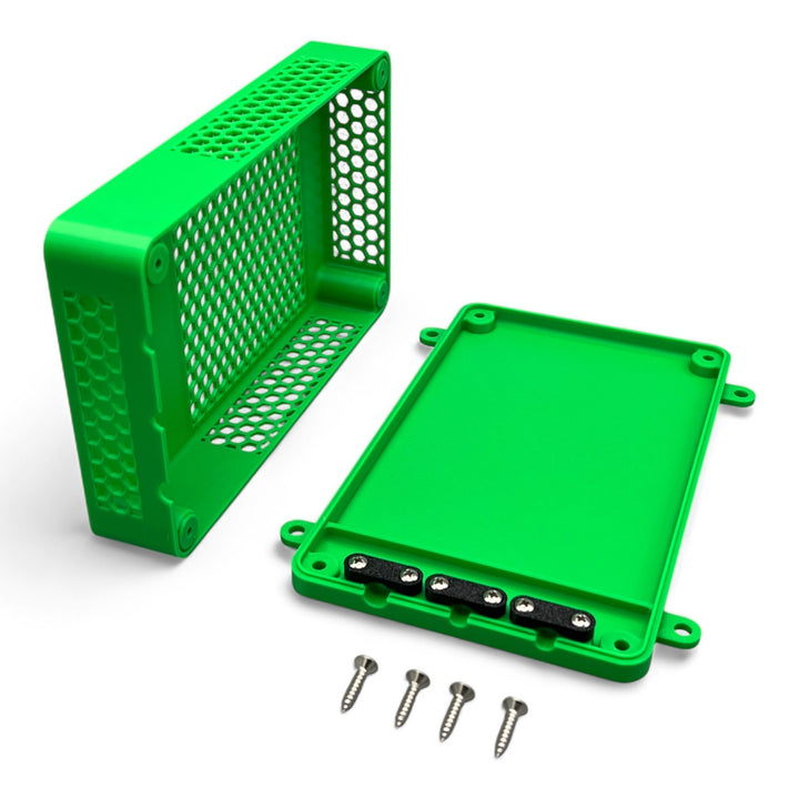 3DTools Schutzgehäuse aus grünem PETG für Mean Well Netzteile mit Wabenstruktur und Montageschrauben
