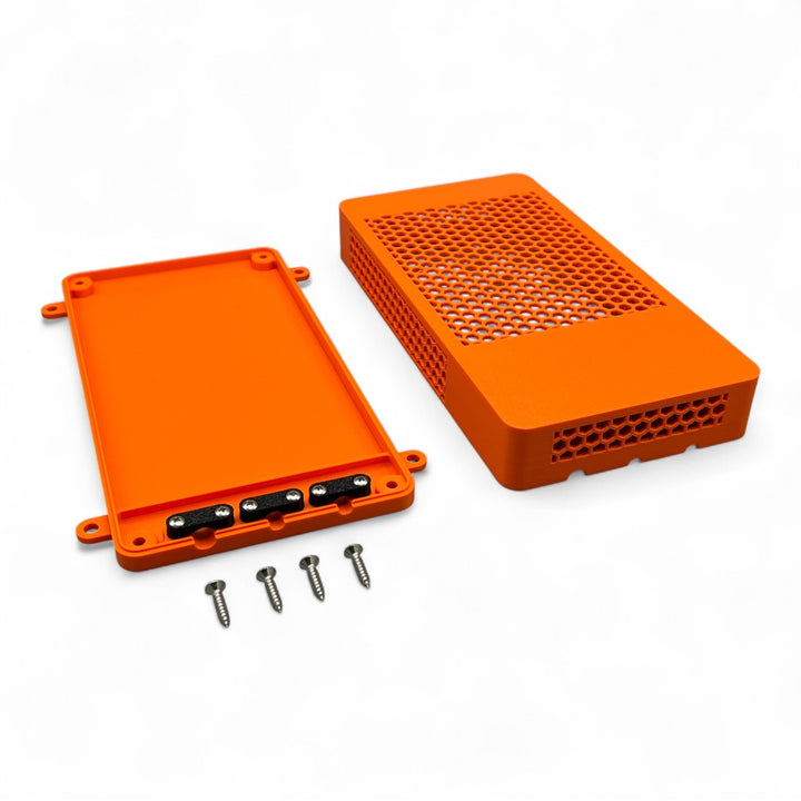 3DTools Schutzgehäuse aus orangefarbenem PETG für Mean Well LRS und RSP Netzteile mit Zugentlastung und Schrauben