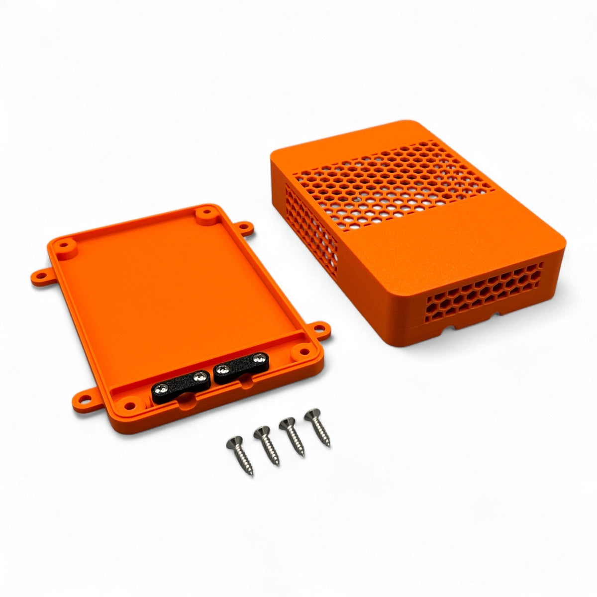 3DTools Schutzgehäuse aus orangefarbenem PETG für Mean Well Netzteile mit Belüftungsgitter und Montageschrauben