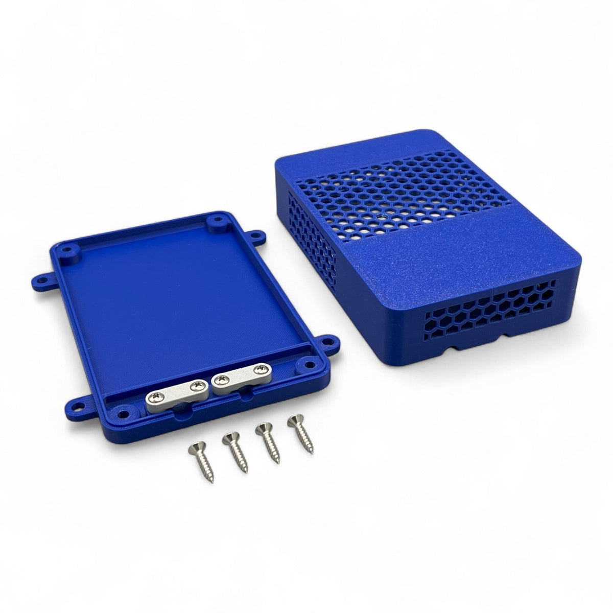 3DTools Schutzgehäuse aus blauem PETG für Mean Well Netzteile mit Wabenmuster und Kabel-Zugentlastung