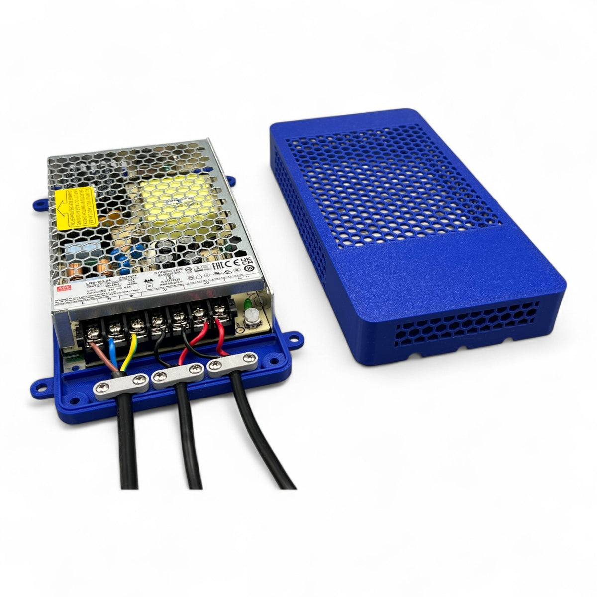3DTools Schutzgehäuse aus blauem PETG für Mean Well LRS Schaltnetzteile mit Kabel-Zugentlastung und Wandmontage