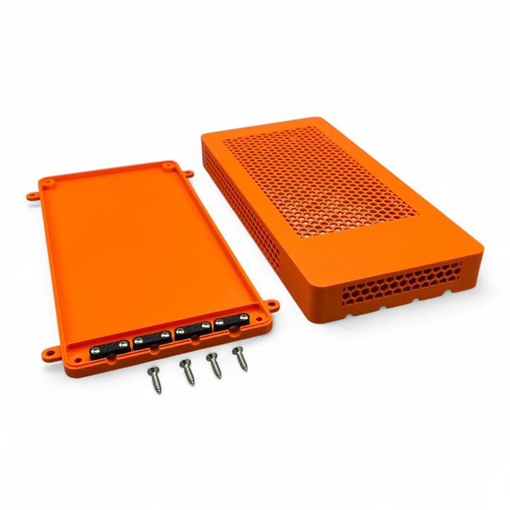 3DTools Schutzgehäuse aus orangefarbenem PETG für Mean Well Netzteile mit Kabel-Zugentlastung und Montageschrauben