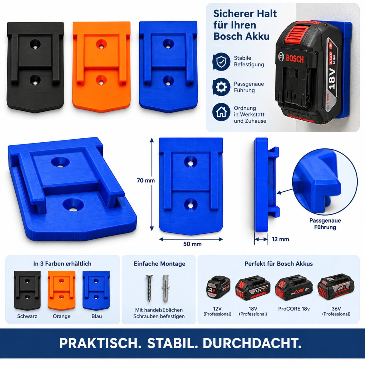 3DTools Wandhalterung für Bosch Professional 18V Akku-Werkzeuge aus robustem PETG in Schwarz, Orange und Blau