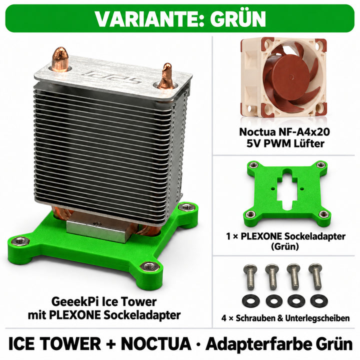 Ice Tower + Noctua – Variante Grün; PLEXONE Sockeladapter Grün, Kühler und Lüfter in Herstellerfarbe.