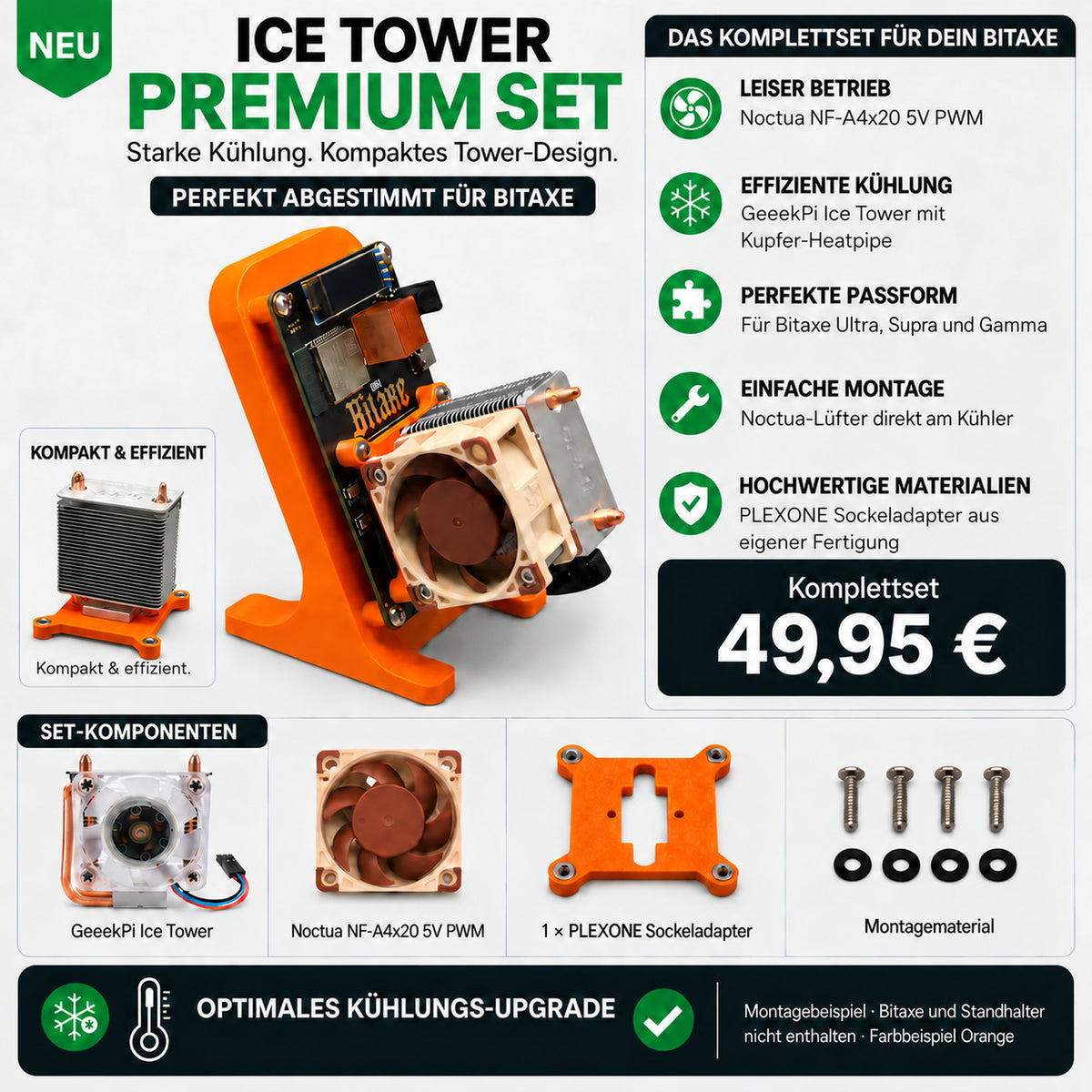 Ice Tower Premium Set – Komplettset 49,95 €; Originalansicht im Feld Kompakt & Effizient. Bitaxe und Standhalter nicht enthalten.