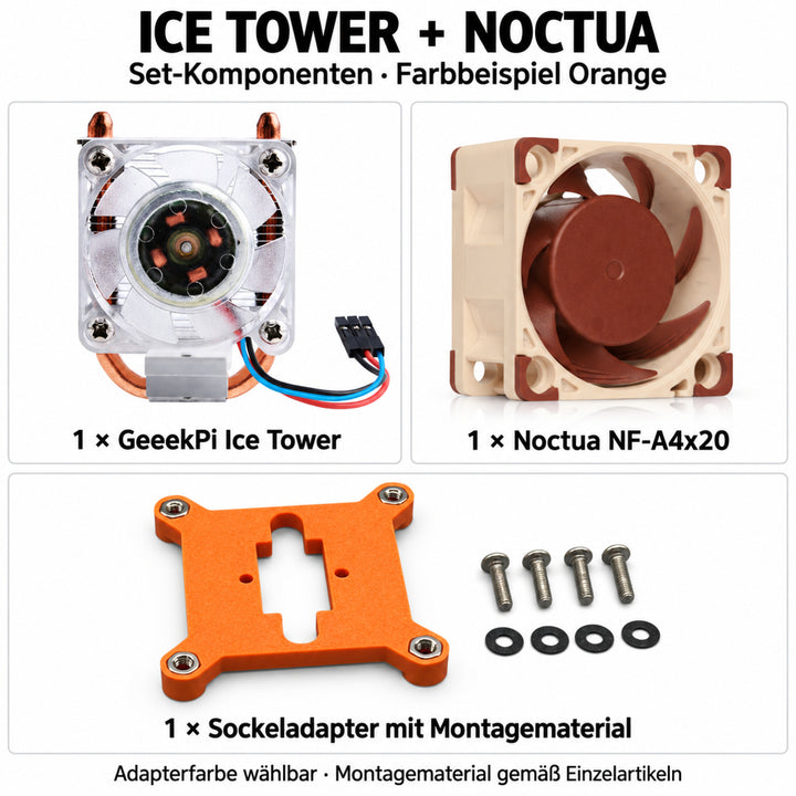 Lieferumfang Ice Tower + Noctua; Farbbeispiel Orange.