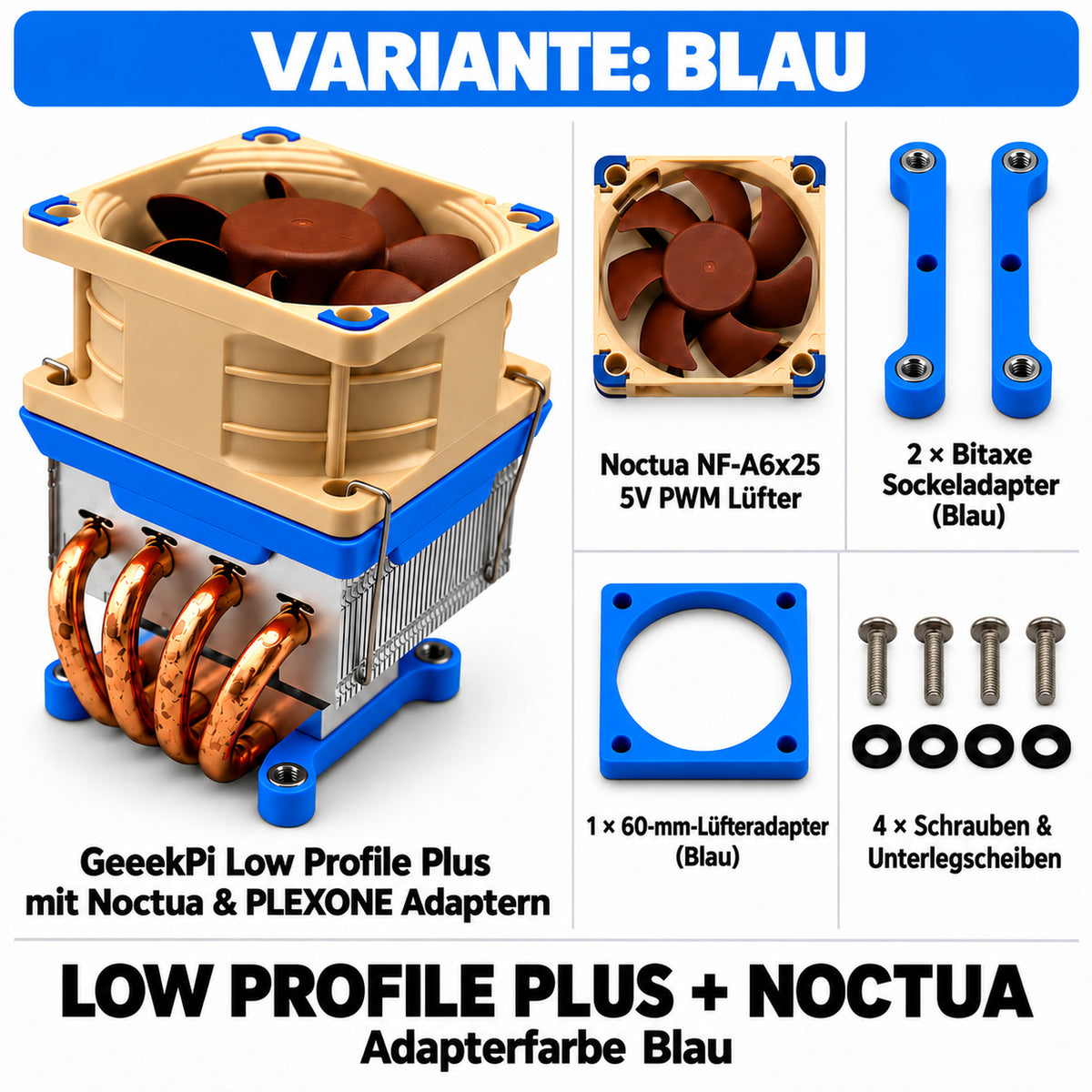 Low Profile Plus + Noctua – Variante Blau; quadratische Übersicht mit PLEXONE Adaptern und Montagematerial.