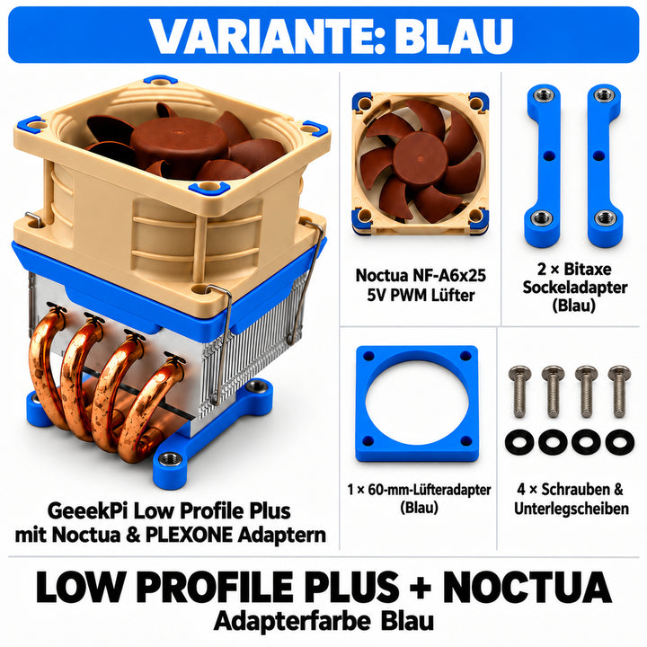 Low Profile Plus + Noctua – Variante Blau; quadratische Übersicht mit PLEXONE Adaptern und Montagematerial.