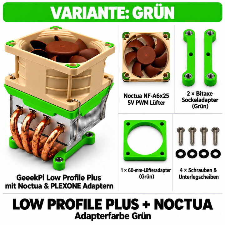 Low Profile Plus + Noctua – Variante Grün; quadratische Übersicht mit PLEXONE Adaptern und Montagematerial.