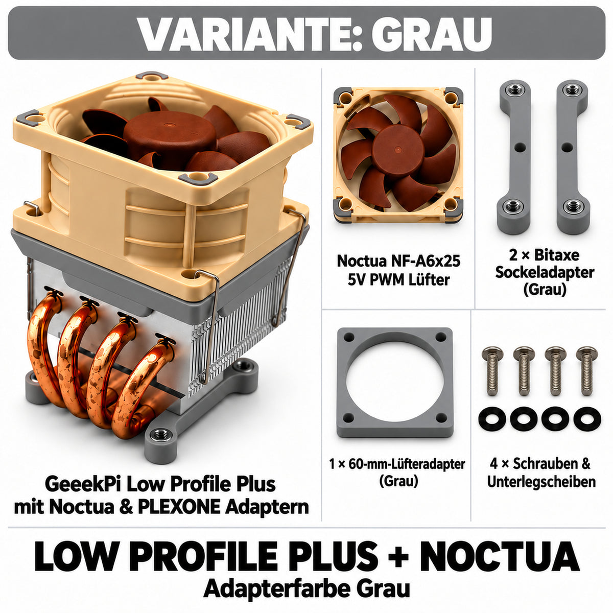 Low Profile Plus + Noctua – Variante Grau; quadratische Übersicht mit PLEXONE Adaptern und Montagematerial.