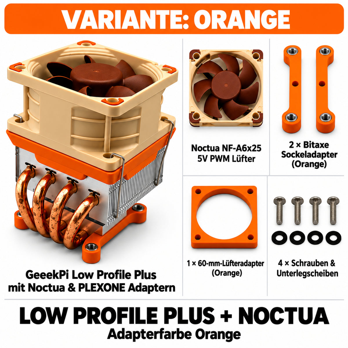 Low Profile Plus + Noctua – Variante Orange; quadratische Übersicht mit PLEXONE Adaptern und Montagematerial.