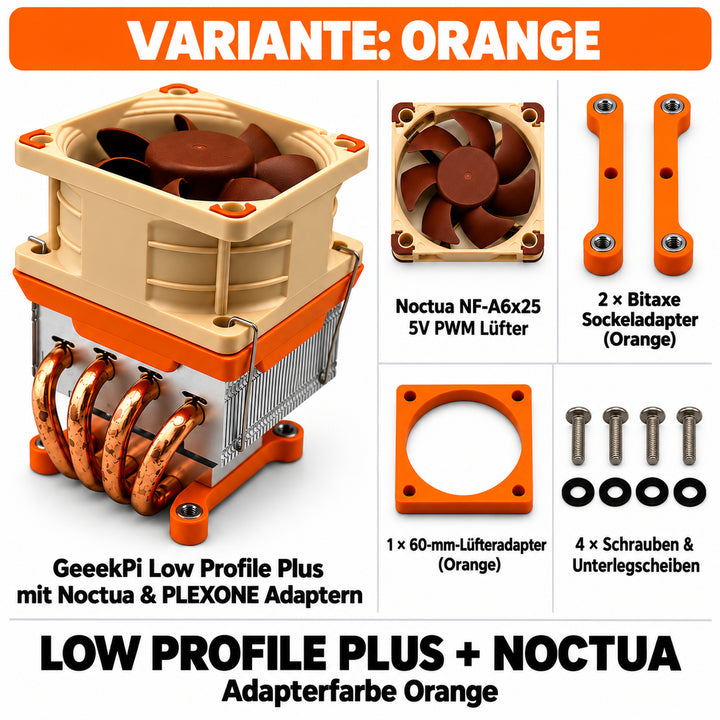 Low Profile Plus + Noctua – Variante Orange; quadratische Übersicht mit PLEXONE Adaptern und Montagematerial.