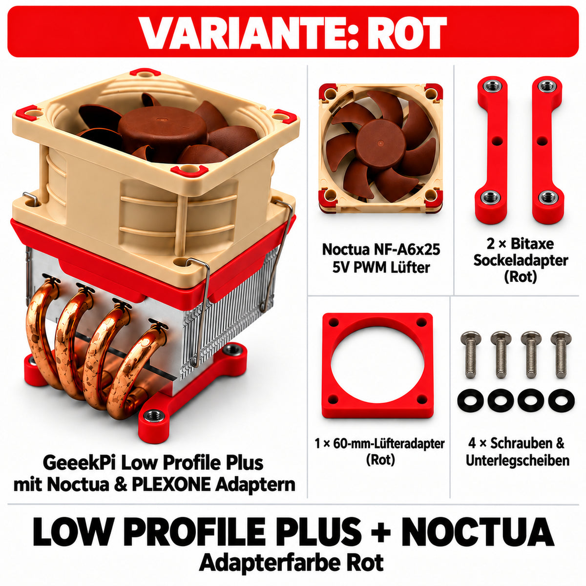 Low Profile Plus + Noctua – Variante Rot; quadratische Übersicht mit PLEXONE Adaptern und Montagematerial.