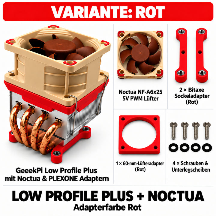 Low Profile Plus + Noctua – Variante Rot; quadratische Übersicht mit PLEXONE Adaptern und Montagematerial.