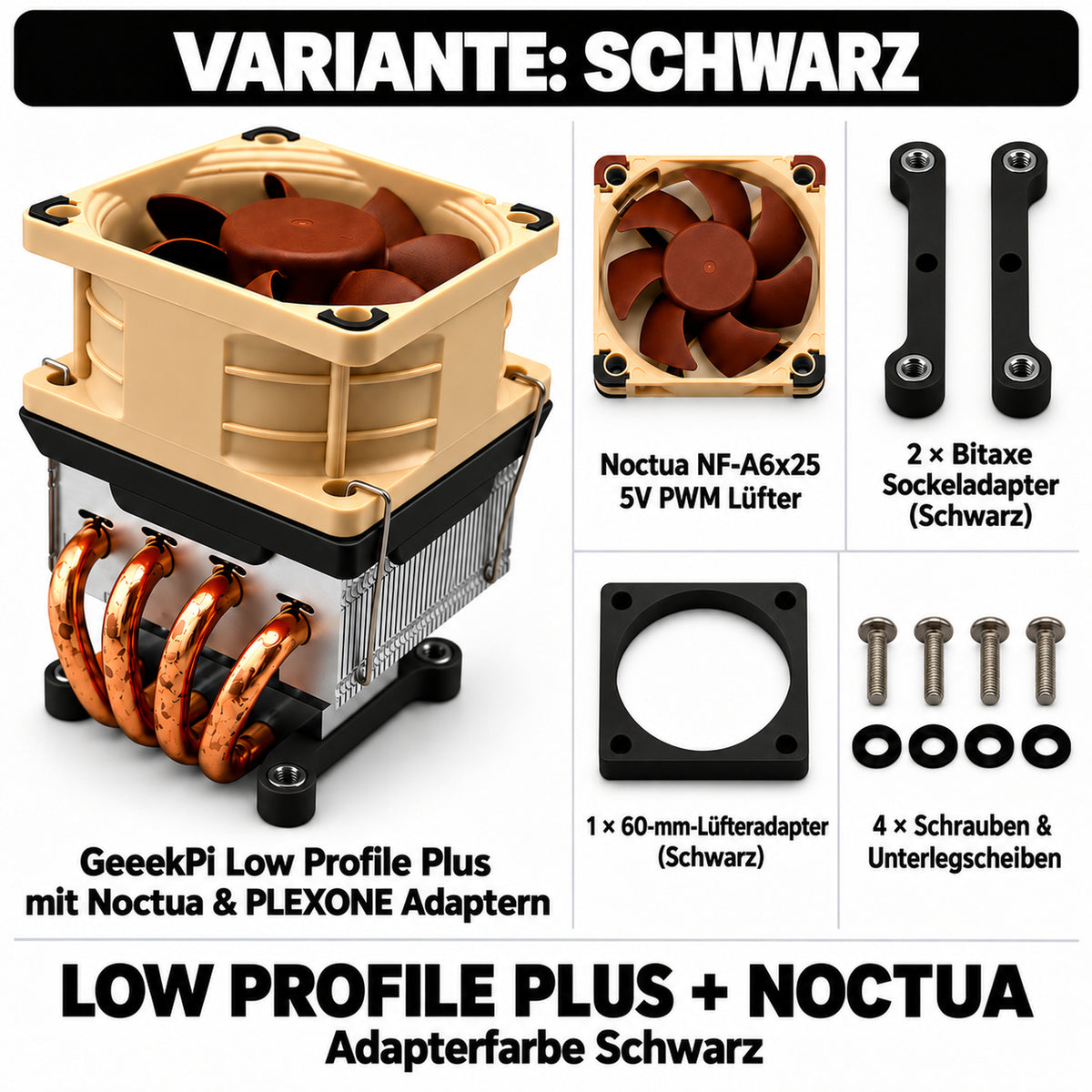 Low Profile Plus + Noctua – Variante Schwarz; quadratische Übersicht mit PLEXONE Adaptern und Montagematerial.