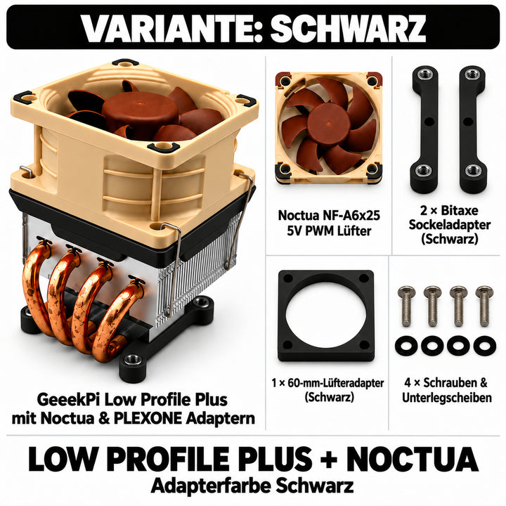 Low Profile Plus + Noctua – Variante Schwarz; quadratische Übersicht mit PLEXONE Adaptern und Montagematerial.