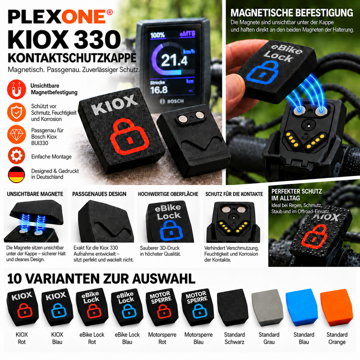 PLEXONE magnetische Schutzkappe für Bosch Kiox BUI330, eBike-System 2, zehn Varianten