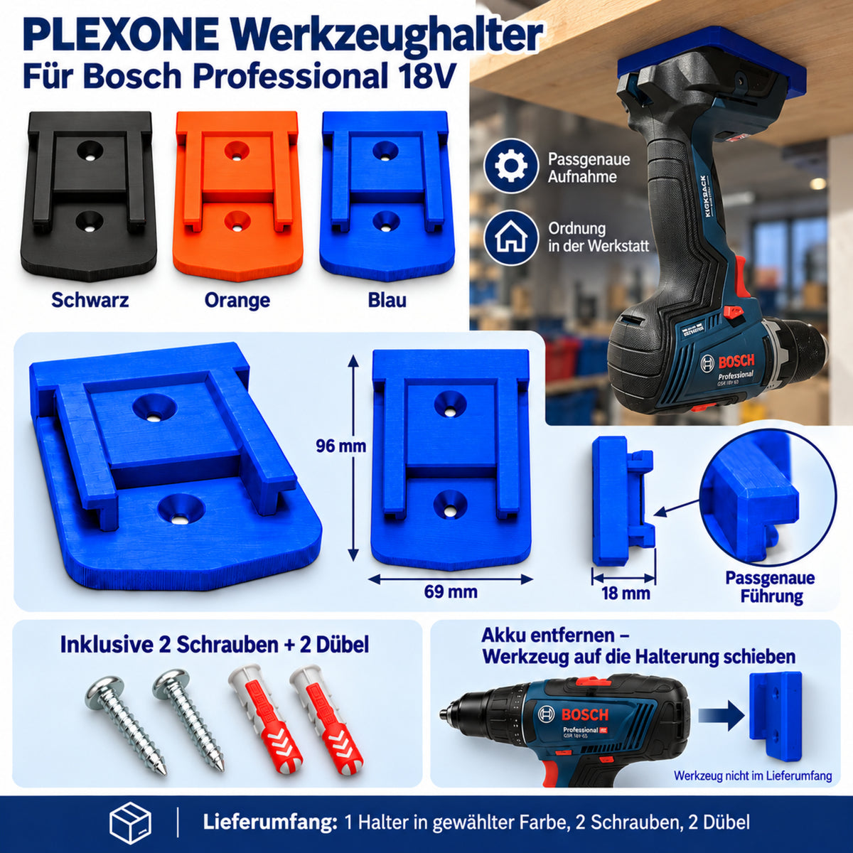 Produktübersicht PLEXONE Werkzeughalter für Bosch Professional 18V mit 2 Schrauben und 2 Dübeln