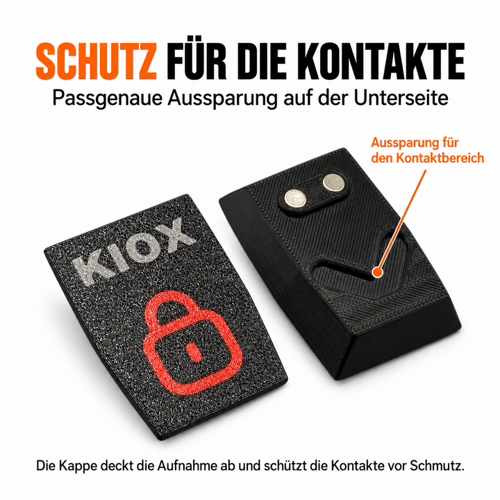 Vorder- und Unterseite der Kiox-330-Schutzkappe mit Aussparung für den Kontaktbereich