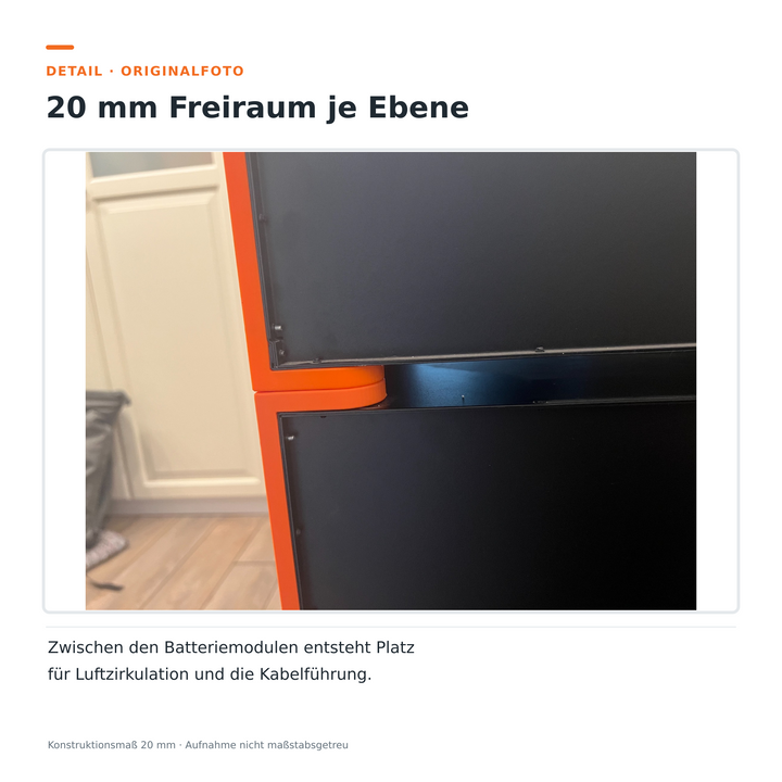 Praxisfoto: Abstand zwischen den Pylontech Batteriemodulen, 20 mm Konstruktionsmaß