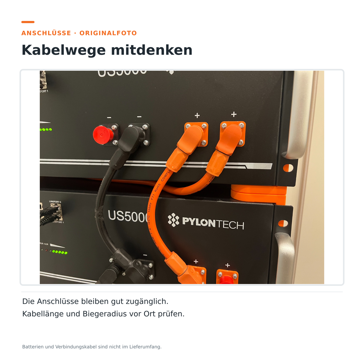 Pylontech Batterieanschlüsse und Kabelführung im Stapelsystem