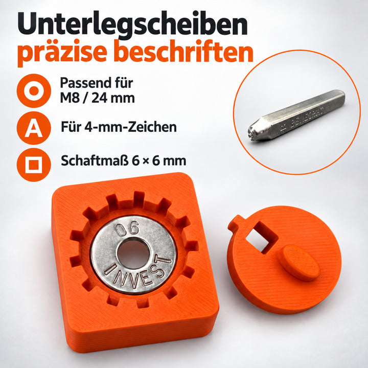 Stanzhilfe für M8 24 mm Unterlegscheiben und 4 mm Zeichen