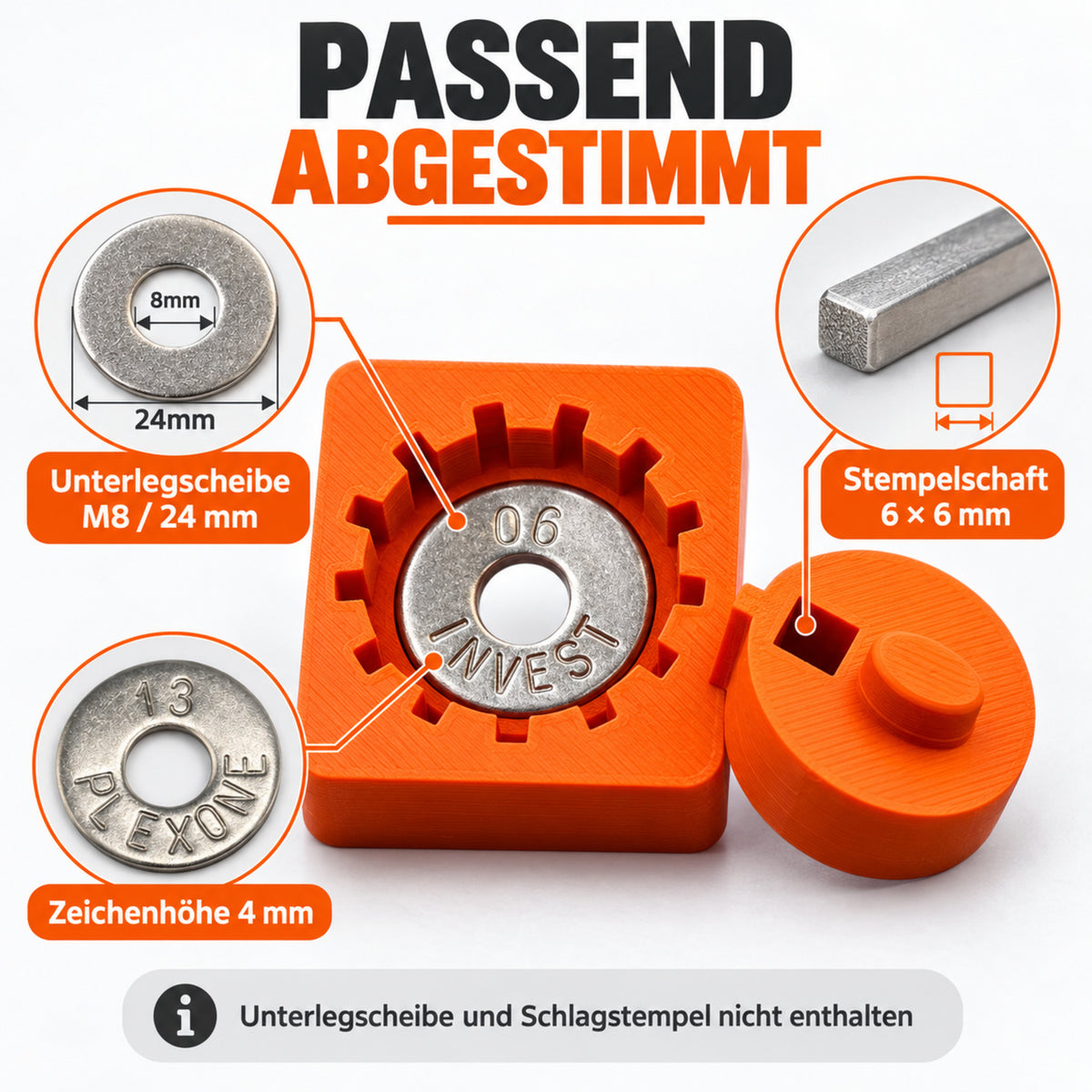 Kompatibilität mit M8 Unterlegscheiben und 4 mm Schlagstempeln