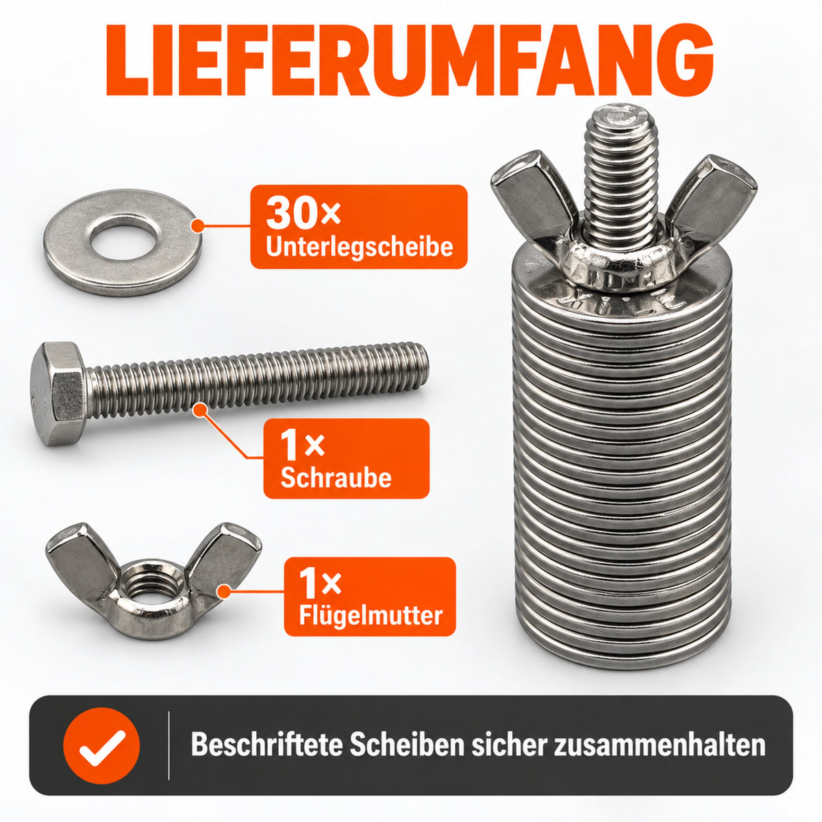 Lieferumfang Seed Rod mit Unterlegscheiben Schraube und Flügelmutter