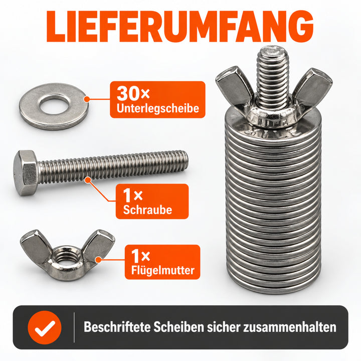 Lieferumfang Seed Rod mit Unterlegscheiben Schraube und Flügelmutter