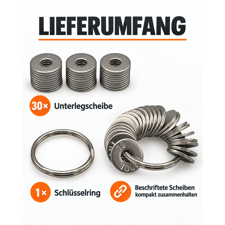 Lieferumfang Seed Ring mit 30 Unterlegscheiben und Schlüsselring
